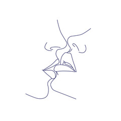 Kissing couple, kiss, lips. Abstract, modern art. Fashion concept, one line drawing for use in design. - 307607175