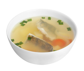 Delicious fish soup in bowl isolated on white