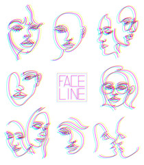 Woman face, kissing couple, kiss, lips. Glitch, 3D effect line,chromatic aberration. Abstract, modern art. One line drawing for use in design.
