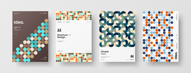Fototapeta premium Business presentation vector A4 vertical orientation front page mock up set. Corporate report cover abstract geometric illustration design layout bundle. Company identity brochure template collection.