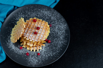 Traditional Belgian waffles with fresh fruits, sprinkled with powdered sugar and cocoa. You can eat for breakfast with compote or coffee. Holiday breakfast. Copy space.  