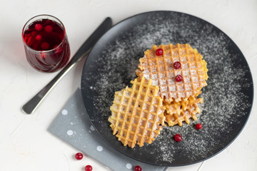 Traditional Belgian waffles with fresh fruits, sprinkled with powdered sugar and cocoa. You can eat for breakfast with compote or coffee. Holiday breakfast. Copy space.  