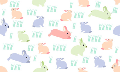 Childish seamless pattern with pastel color rabbits. Trendy vector background. Perfect for kids apparel, fabric, textile, nursery decoration, wrapping paper.