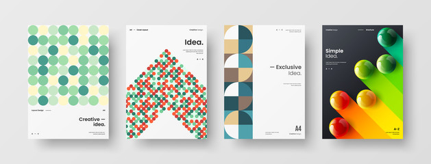 Business presentation vector A4 vertical orientation front page mock up set. Corporate report cover abstract geometric illustration design layout bundle. Company identity brochure template collection.