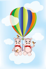 Hippos in the air with colorful hot air balloon and birds on cloudy sky