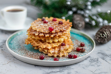 Traditional Belgian waffles with fresh fruits, sprinkled with powdered sugar and cocoa. You can eat for breakfast with compote or coffee. Holiday breakfast. Copy space.  