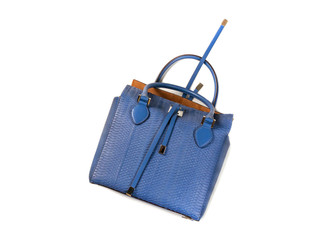A blue women’s bag made of python skin with handles and leather straps lies on a white background...