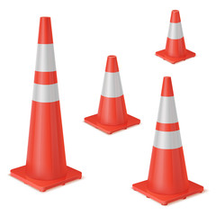 Red realistic road plastic white striped shiny cone. equipment to ensure safe movement during road repair or road accident.