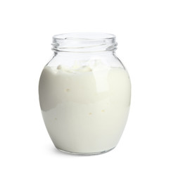 Tasty organic yogurt in glass jar isolated on white