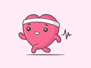 Cute running heart mascot kawaii vector cartoon illustration