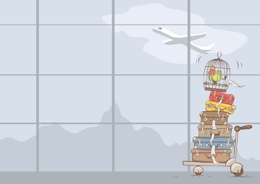 Very Large Luggage / Bunch Of Suitcases On The Cart In An Aeroport, Vector Illustration With Copy Space