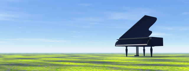 Black piano in the nature with grass - 3D render © Elenarts