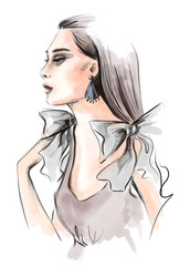 Digital fashion portrait. Head of a sweet lady with gray long hair .