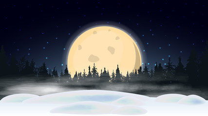 Night landscape with big yellow moon, starry blue sky, snow drifts, pine forest on the horizon and thick fog