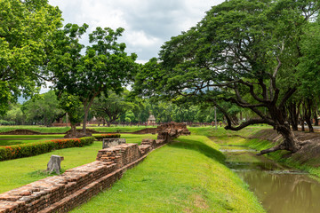 View of Buddha statue in Sukhothai temple, Thailand 2019