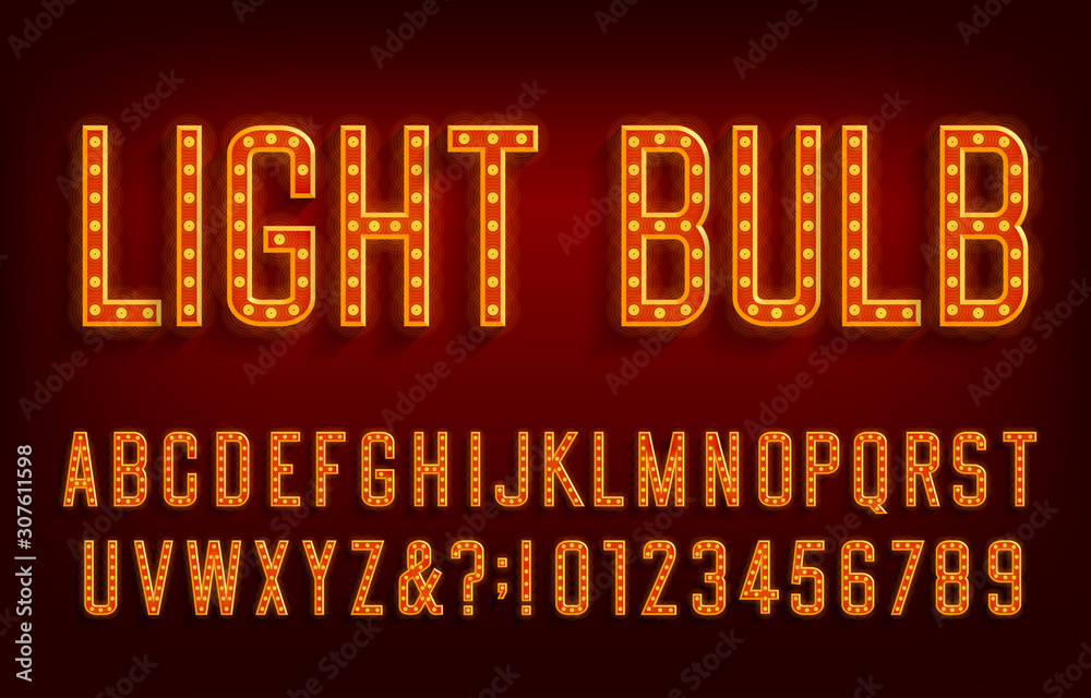 Fototapete light bulb alphabet font. shiny letters and numbers with shadows. vector typescript for your typogra