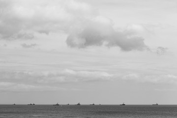 Ships in the North Sea off the coast of Aberdeen, Scotland