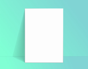 White poster mockup standing on the floor near Aqua Menthe color wall. Blank Canvas Mockup for design