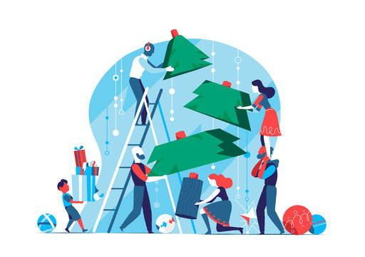 People prepare to celebrate Christmas / New Year by making Christmas tree together - Vector