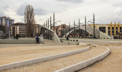 KOSOVO, KOSOVSKA MITROVICA MARCH 13. 2017: New Bridge above the river Ibra in Kosovska Mitrovica at Kosovo