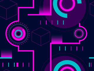 Materiał do szycia Seamless pattern in cyberpunk style, 80s retro futurism. Linear art and circles, dotted. Vector illustration