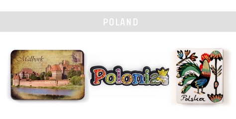 Souvenirs (magnets) from Poland isolated on white background. The text on the magnets from left to...