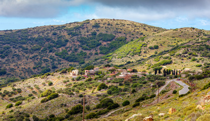 Fototapeta na wymiar Cretan mountain landscape on the way to the Lassithi plateau.