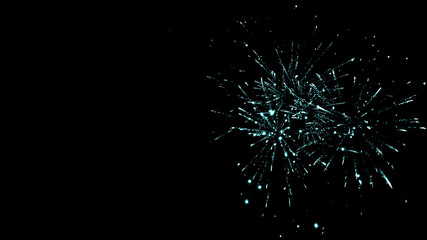 Green festive fireworks in dark night sky, isolated on black
