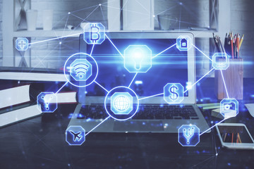 Computer on desktop with social network theme icon. Multi exposure. Concept of international connections.