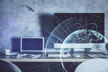 Computer on desktop with social network theme icon. Multi exposure. Concept of international...