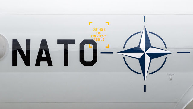 NATO Text And Logo On A AWACS E-3 Sentry Radar Plane At It's Homebase Geilenkirchen Airbase On July 2, 2017