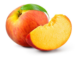 Peach isolate. Peach slice and whole with leaf on white. Peaches. Full depth of field.