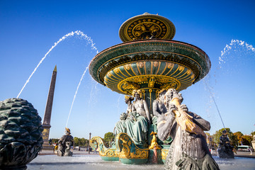 Fountain of the Seas and Louxor Obelisk, Concorde Square, Paris - obrazy, fototapety, plakaty