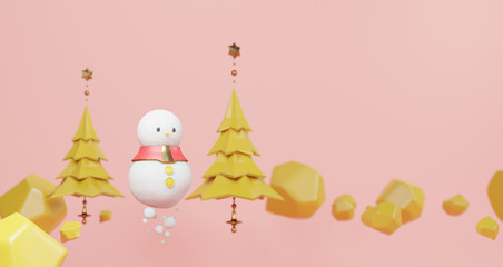 3D rendering of Christmas. Snowman and yellow Christmas tree floating on pink background. Abstract minimal concept, luxury minimalist mockup