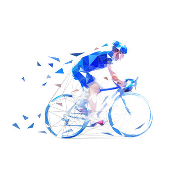 Cyclist. Road cycling low poly illustration. Side view, isolated vector geometric drawing