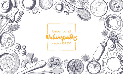 Monochrome vector horizontal background with copy space for text and hand drawn illustration of naturopathy elements in sketch style.  Best for organic cosmetics and alternative medicine. - obrazy, fototapety, plakaty