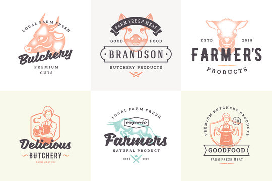 Hand drawn logos and labels farm animals with modern vintage typography hand drawn style set vector illustration.