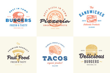 Hand drawn fast food logos and labels with modern vintage typography retro style set vector illustration.