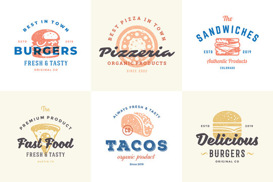 Hand Drawn Fast Food Logos And Labels With Modern Vintage Typography Retro Style Set Vector Illustration.