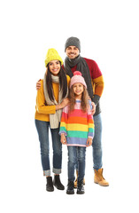 Fototapeta premium Happy family in warm clothes on white background. Winter vacation