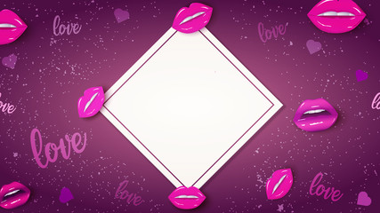 Realistic pink lips on purple background for your arts with copy space. for Woman's, Mother's and Valentines day