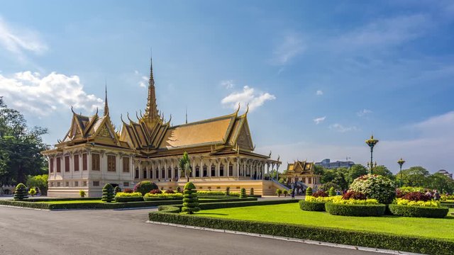 Time lapse of Royal Palace wide view with blue sky background at central Phnom Penh, Capital of Cambodia.
