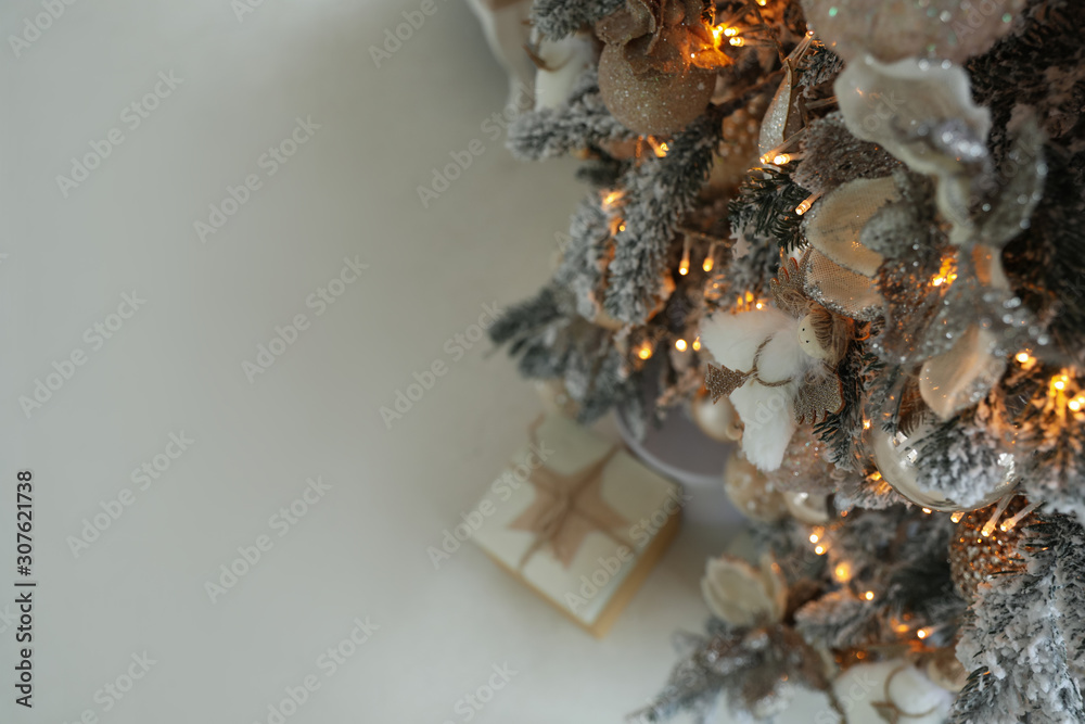 Sticker Beautiful Christmas tree, above view with space for text. Festive interior decoration