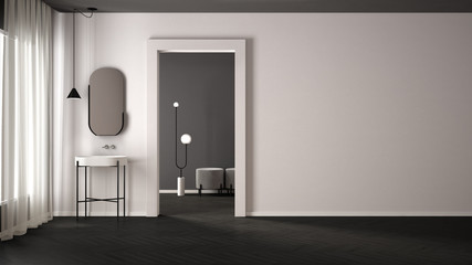 Fototapeta na wymiar Minimalist bathroom with plaster walls and parquet floor, empty room with sink and mirror, door with room in the background. White and gray interior design concept with copy space