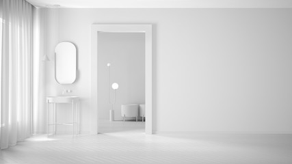 Total white project draft, minimalist bathroom, plaster walls and parquet floor, empty room with sink and mirror, door with room background. Interior design concept with copy space