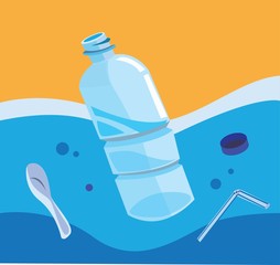 bottle plastic and garbage polluted sea water, no plastic campaign in flat illustration vector © Simply Amazing