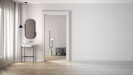 Architect interior designer concept: unfinished project that becomes real, minimalist bathroom, plaster walls, parquet, empty room with sink and mirror. Design concept with copy space