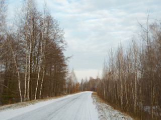 Fototapeta na wymiar first snow. winter forest snowy white road