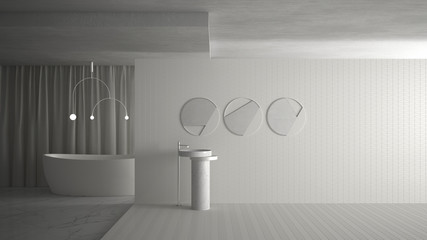 Minimal modern bathroom in empty open space,white architecture concept template with copy space. Sink with mirrors, tiles, bathtub with pendant lamp and classic curtain, marble floor