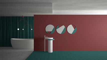 Minimal modern bathroom in empty open space, red and turquoise architecture concept template with copy space. Sink with mirrors, tiles, bathtub, pendant lamp and curtain, marble floor
